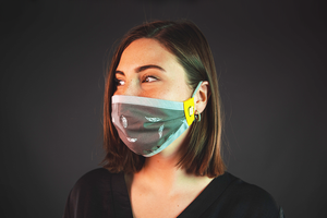 Grey reusable face mask with yellow happy mask logo